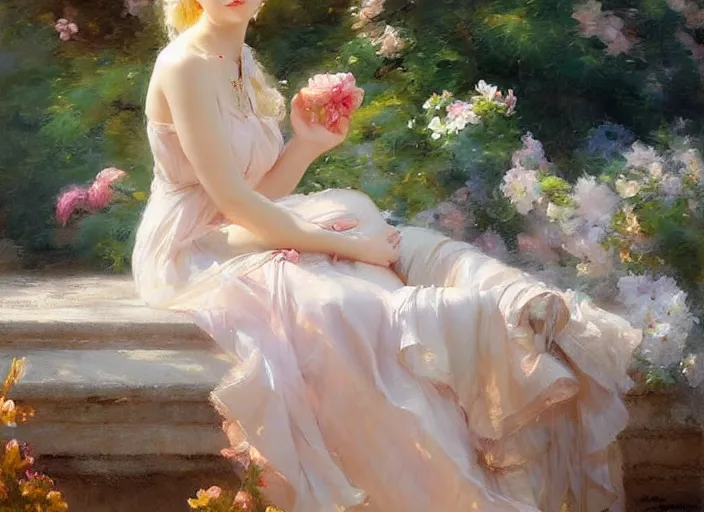 Image similar to blonde goddess in a summer dress by wlop and vladimir volegov and alexander averin and delphin enjolras and daniel f. gerhartz