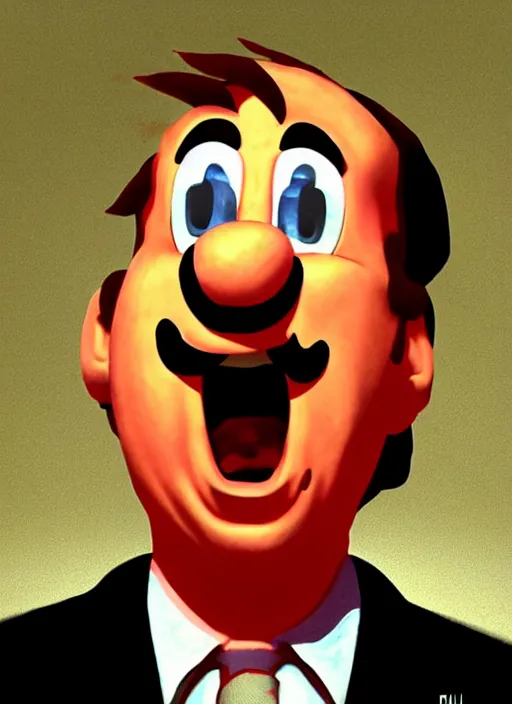 Prompt: saul goodman in super mario 64 !dream saul goodman angry, screaming, red face, spit flying from mouth, stylistic painting by 'phil hale'!!!! high quality hd