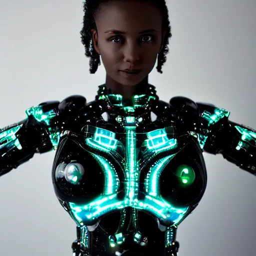 Prompt: beautiful centered fine art photo portrait of beautiful black girl with solarpunk mecha humanoid parts with led lights, sexy serpentine pose gesture, ultra - realistic, white background, highly detailed and intricate, soft box lighting, shallow depth of field hdr 8 k