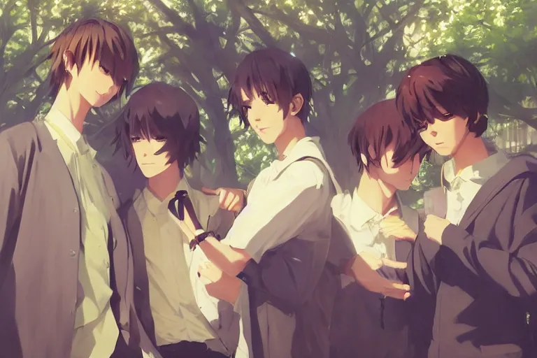 Image similar to boy's love anime high school scene spring setting, noon time, high detail concept art, perfect proportions tall handsome young men, realistic shaded lighting poster ilya kuvshinov, katsuhiro, jeremy lipkin and michael germash, makoto shinkai, loish and clamp style, trending on art station, best selling artist