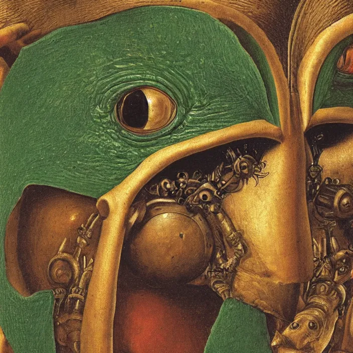 Prompt: close up portrait of a mutant monster creature with facial features resembling a medieval steel helmet, iridescent beetle eyes and antennae. by jan van eyck, audubon