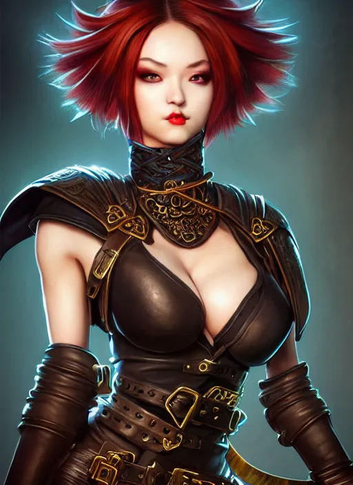 Image similar to rogue, fantasy ornate leather bandit outfit!!! close - up portrait beautiful and athletic short hair female!! gorgeous face and eyes!! character concept art, sharp focus, octane render! unreal engine 5! highly rendered!! trending on artstation!! detailed linework!! illustration by artgerm, chie yoshii, and wlop