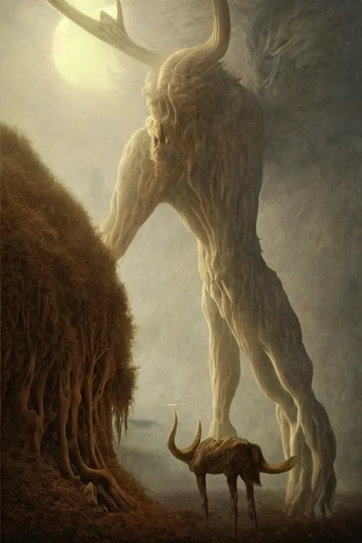 Prompt: a tall terrifying humanoid antler beast looming over a tiny human in a surreal landscape at dusk, cinematic, epic lighting, agostino arrivabene