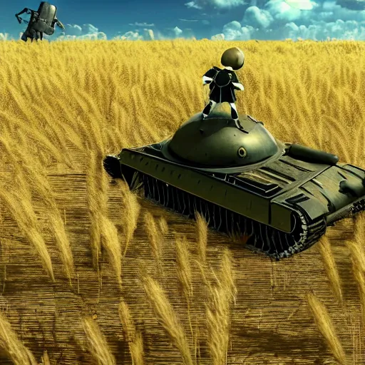 Image similar to a very high resolution image from nier : automata, featuring 9 s android fighting a t 3 4 tank in yellow rye field under pure blue skies