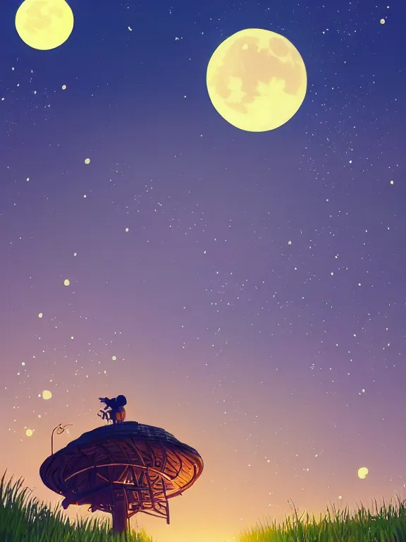 Prompt: a ultradetailed illustration of fireflies fly in the rice fields at night, and there are the moon and stars in the upper half of the picture by makoto shinkai, anton fadeev, thomas kinkade, and james gilleard, look up, deviantart, cgsociety, 4 k vertical wallpaper