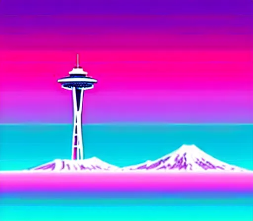 Image similar to a beautiful and immaculate balanced vaporwave ombre scene depicting outrun and the space needle