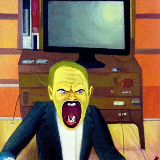 Image similar to an angry man screams at his computer monitor, oil on canvas, 1 9 6 7, highly detailed