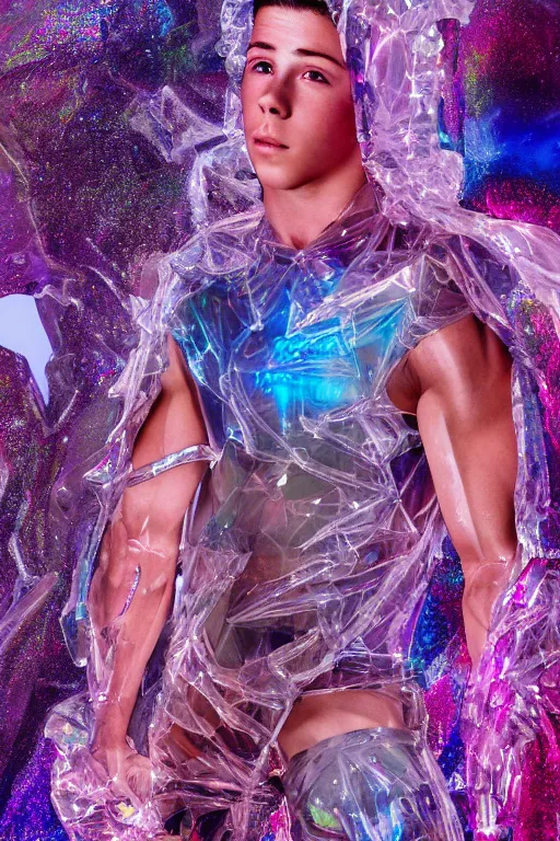 Prompt: hyper detailed ultra sharp fullbody photo of baroque and cyberpunk transparent pink gem sculpture of a muscular seductive young nick jonas feeling muy cachondo, muy dotado, iridescent humanoid deity wearing pink plastic seethrough cloak, holding a rainbow tiger gem, blue diamond, glowing pink face, crown of white diamonds, cinematic lighting, photorealistic, octane render 8 k