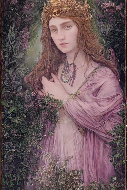 Image similar to elaborately hyperdetailed pre-raphaelite illustration of an extremely beautiful regal woman with an imponent crown, eerie mist and ethereal pink bubbles, Aetherpunk, atmospheric lighting, bright background, moonlight, high fantasy professionally painted digital art painting, smooth, sharp focus, highly detailed illustration highlights, backlight, golden ratio, 8K detail post-processing, symmetrical facial features, rich deep moody colors, award winning picture, Daily Deviation on DeviantArt, trending on cgsociety, featured on ArtstationHQ, very coherent symmetrical artwork, concept art