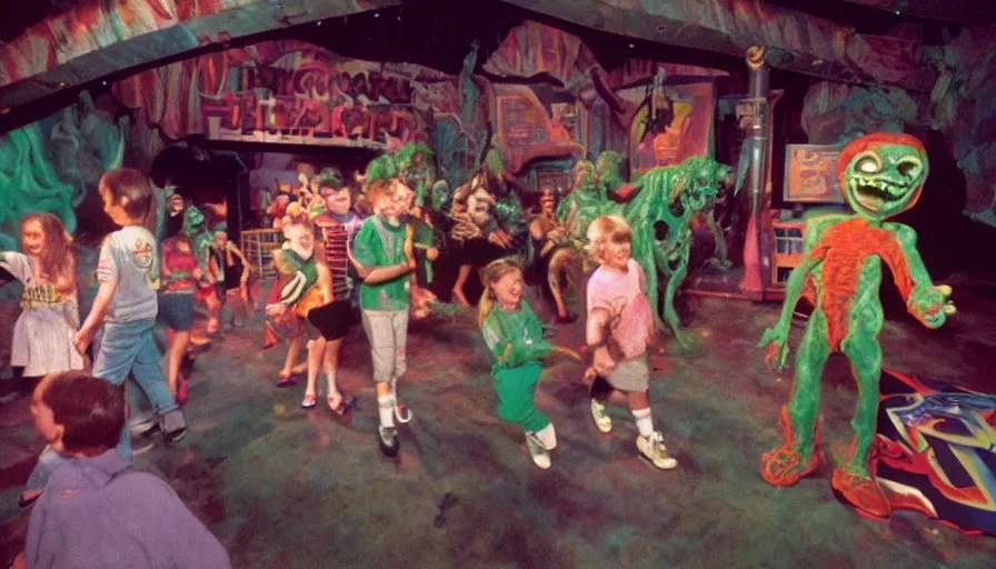 Prompt: 1990s photo of inside the Goosebumps Ride at Universal Studios in Orlando, Florida, children riding through a Haunted ventriloquist theater, slime, cinematic, UHD