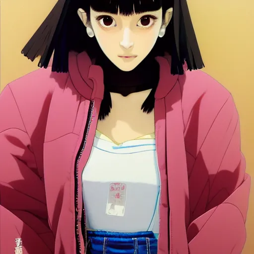 Image similar to a beautiful japanese natalie portman gravure model, wearing oversized native designer bomber jacket and leotard with overalls, bulky poofy bomber jacket with mesoamerican patterns, mesoamerican native street fashion, gapmoe yandere grimdark, trending on pixiv fanbox, painted by greg rutkowski makoto shinkai takashi takeuchi studio ghibli, akihiko yoshida