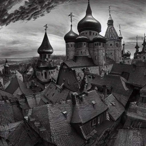 Image similar to photo beautiful magical ancient Slavic Russian city of Kitezh, black and white image, fisheye lens, painting by Viktor Vasnetsov, concept art, magical city, fantasy cityscape, ancient Slavs, wooden buildings, ancient Russian architecture, terem, hyperborea, top cinematic lighting , cinematic mood, very detailed, 8k, high resolution, trending on artstation, painting by Nicholas Roerich, artstationHD,