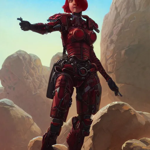 Prompt: a portrait of an woman with red short hair wearing a whiteblouse and robot armor commanding an army on a dead world full of rocks, highly detailed, centered, digital painting, artstation, concept art, donato giancola, Joseph Christian Leyendecker, WLOP, Boris Vallejo, Breathtaking