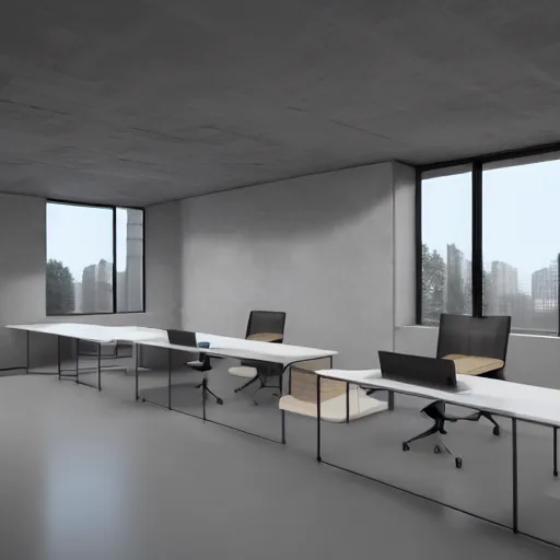 Image similar to center symmetry, parallax mapping of brutalist office, minimalist architecture, minimalist furniture, octane render, high quality
