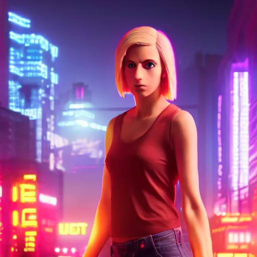 Image similar to Annie Leonhart in a neon city, octane render 8k, atmospheric render