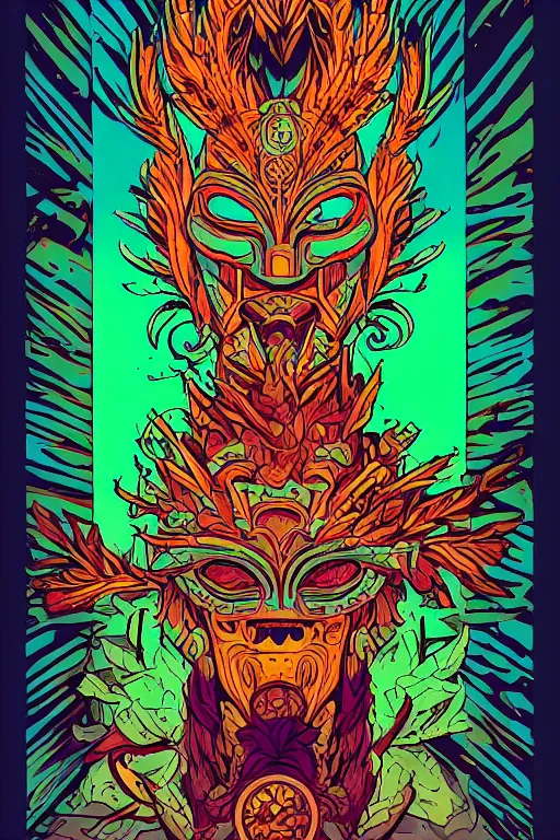 Image similar to animal mask totem roots flower tribal feather gemstone plant wood rock shaman vodoo video game vector cutout illustration vivid multicolor borderlands comics by josan gonzales and dan mumford radiating a glowing aura