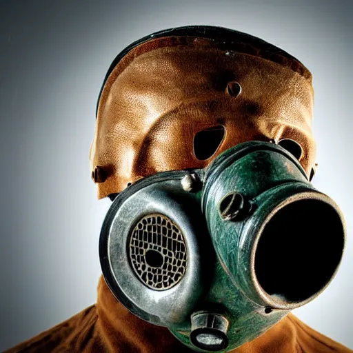 Prompt: close up front facing gas mask, striking photograph