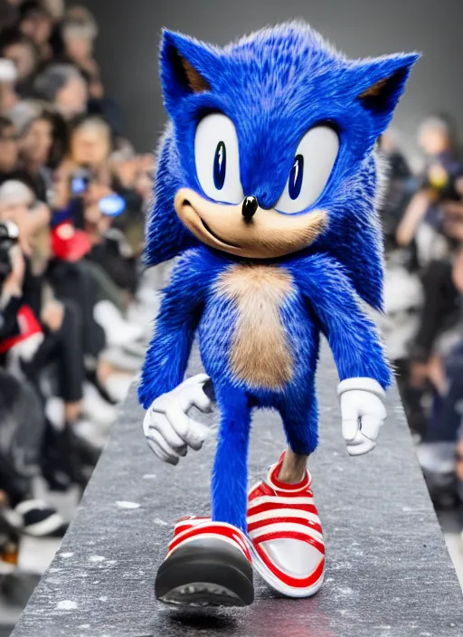 Image similar to hyperrealistic and heavy detailed moncler runway show of sonic the hedgehog, leica sl 2 5 0 mm, vivid color, high quality, high textured, real life