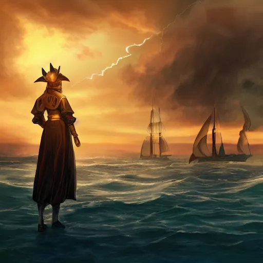 Prompt: portrait of a ship on the sea with a medieval woman ship pilot from behind, dramatic golden sunset with storm clouds, wearing shiny breastplate, dynamic lighting, hyperrealistic, artstation