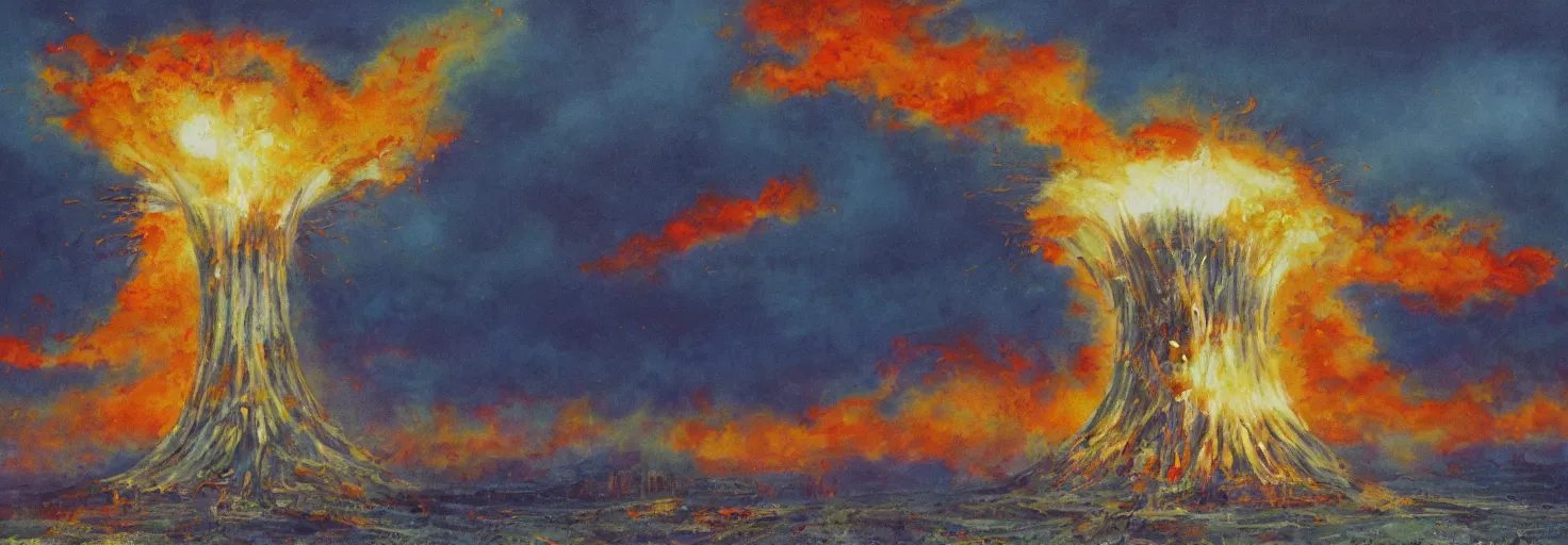 Prompt: a detailed painting of many nuclear explosions