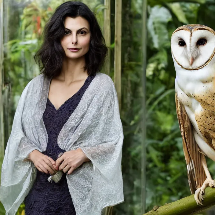 Image similar to portrait photograph of an extremely beautiful!!!! Morena Baccarin , symmetric face!, symmetric round detailed eyes!!, slight smile, natural light, wearing a yellow kimono!! with a very detailed barn owl! on her shoulder in a tropical greenhouse. looking at the camera!!. super resolution. Extremely detailed. Graflex camera!, bokeh!!!!!. art by alphonse mucha