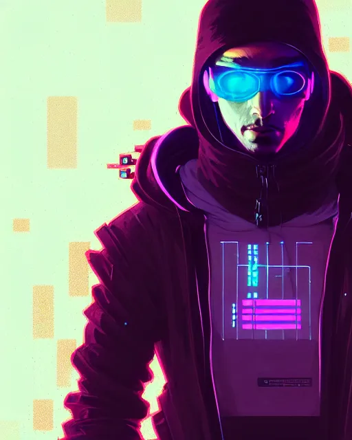 Prompt: cyberpunk synth, hyper - realistic detailed portrait of a man in a hoodie, digital painting, by artgem, by atey ghailan, by greg rutkowski, by greg tocchini, by james gilleard, by joe fenton, by kaethe butcher, sharp focus