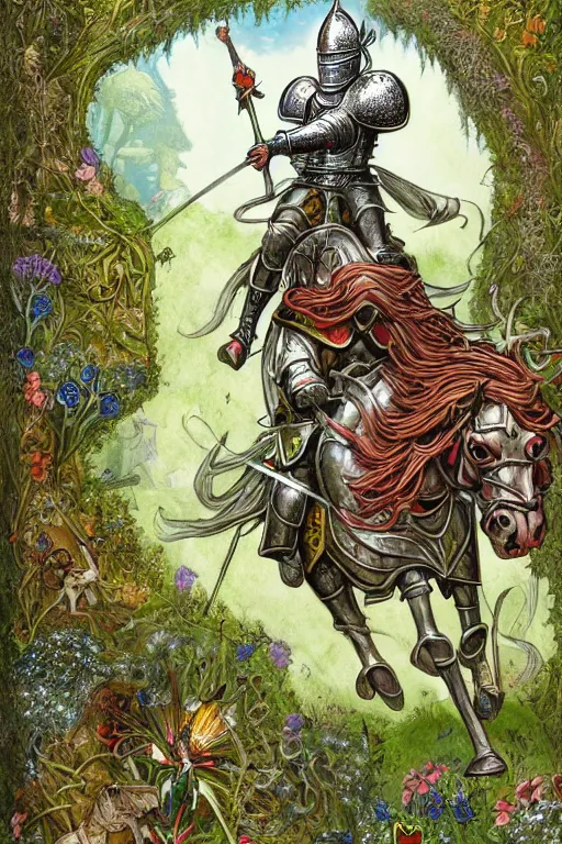 Image similar to medieval knight riding a horse in a magic kingdom overgrown by moss and plants, shiny armor, enchanted forest with fairies, wizards and magic mushrooms in the background, illustrated by james jean, very detailed and colorful and ornamental and floral, comicbook cover