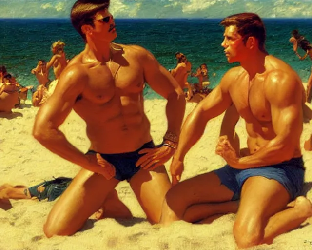 Image similar to top gun beach volleyball scene, cool colors, painting by gaston bussiere, craig mullins, j. c. leyendecker, tom of finland