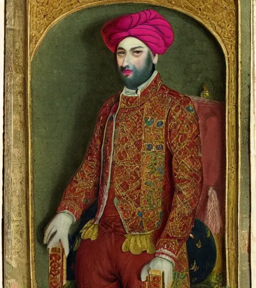 Image similar to 1 8 th century ottoman portrait of a filthy sultan with a turban, living in a giant palace, highly detailed