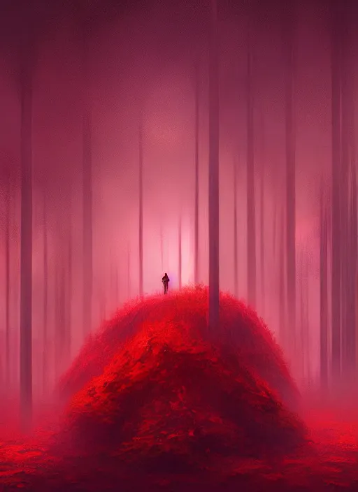 Image similar to red forest liminal space, night, artgerm, rutkowski, tooth wu, beeple, and intricate