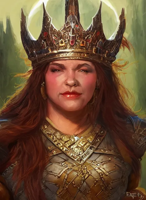 Image similar to dwarven queen wearing a crown, ultra detailed fantasy, dndbeyond, bright, colourful, realistic, dnd character portrait, full body, pathfinder, pinterest, art by ralph horsley, dnd, rpg, lotr game design fanart by concept art, behance hd, artstation, deviantart, hdr render in unreal engine 5