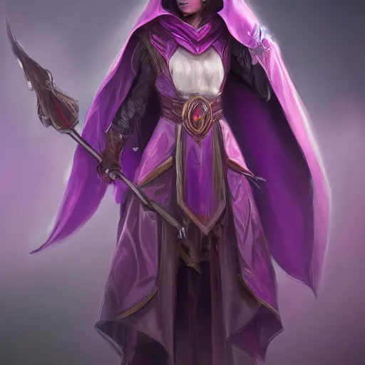 Image similar to female warlock long hood cloak purple, fighting monster with magic, 8 k, trending on artstation by tooth wu