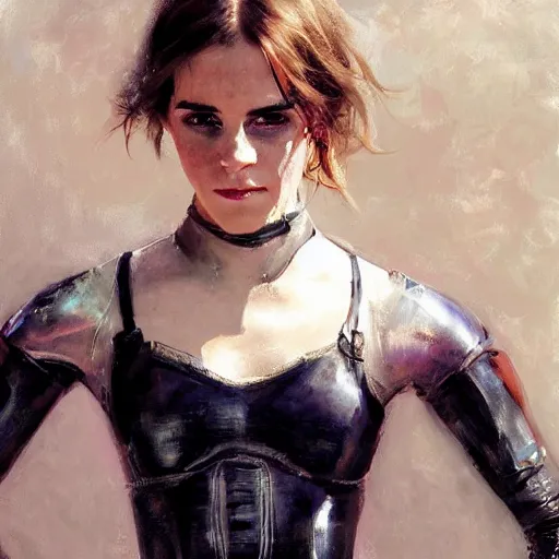 Image similar to close up of emma watson wearing a gimp outfit, cinematographic shot, by daniel f. gerhartz