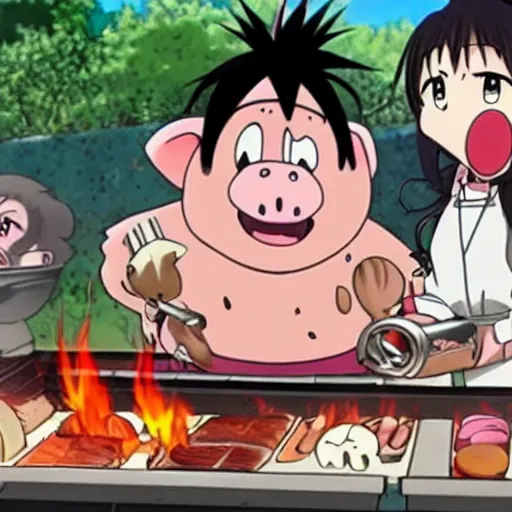 Image similar to an anime of a pig screaming in horror as another pig gets barbequed, funny, by Disney