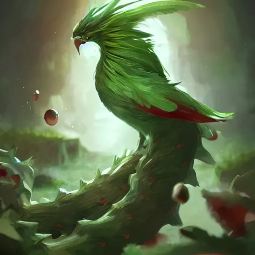 Image similar to a cute berry type pokemon, green feathers bursting out of his hair, highly detailed digital art, 3 d perspective, award - winning illustration, aesthetic, smooth, pokemon style, made by greg rutkowski, in an alien landscape