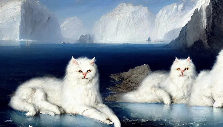 Prompt: highly detailed painting of white giant griffon cat seals on a blue and white iceberg by william turner, by greg rutkowski, by william constable, thick brush strokes and visible paint layers, 4 k resolution