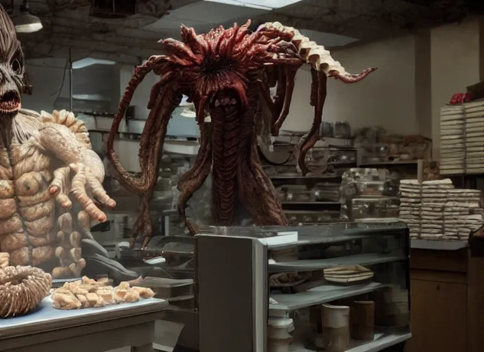 Image similar to film still of the demogorgon working in a bakery in the new stranger things movie, 4 k, highly detailed face, detailed eyes