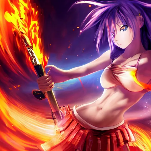 Prompt: An ultra high-resolution 8K full-canvas scan of a digital painting of a anime girl wielding fire powers , fine art, trending, featured, 8k, photorealistic, dynamic, energetic, lively perspective, well-designed masterpiece, hyper detailed, unreal engine 5, IMAX quality, cinematic, epic lighting, light and shadow, ocean caustics, digital painting overlaid with aizome patterns, by Ohara Koson and Thomas Kinkade, traditional Japanese colors, superior quality