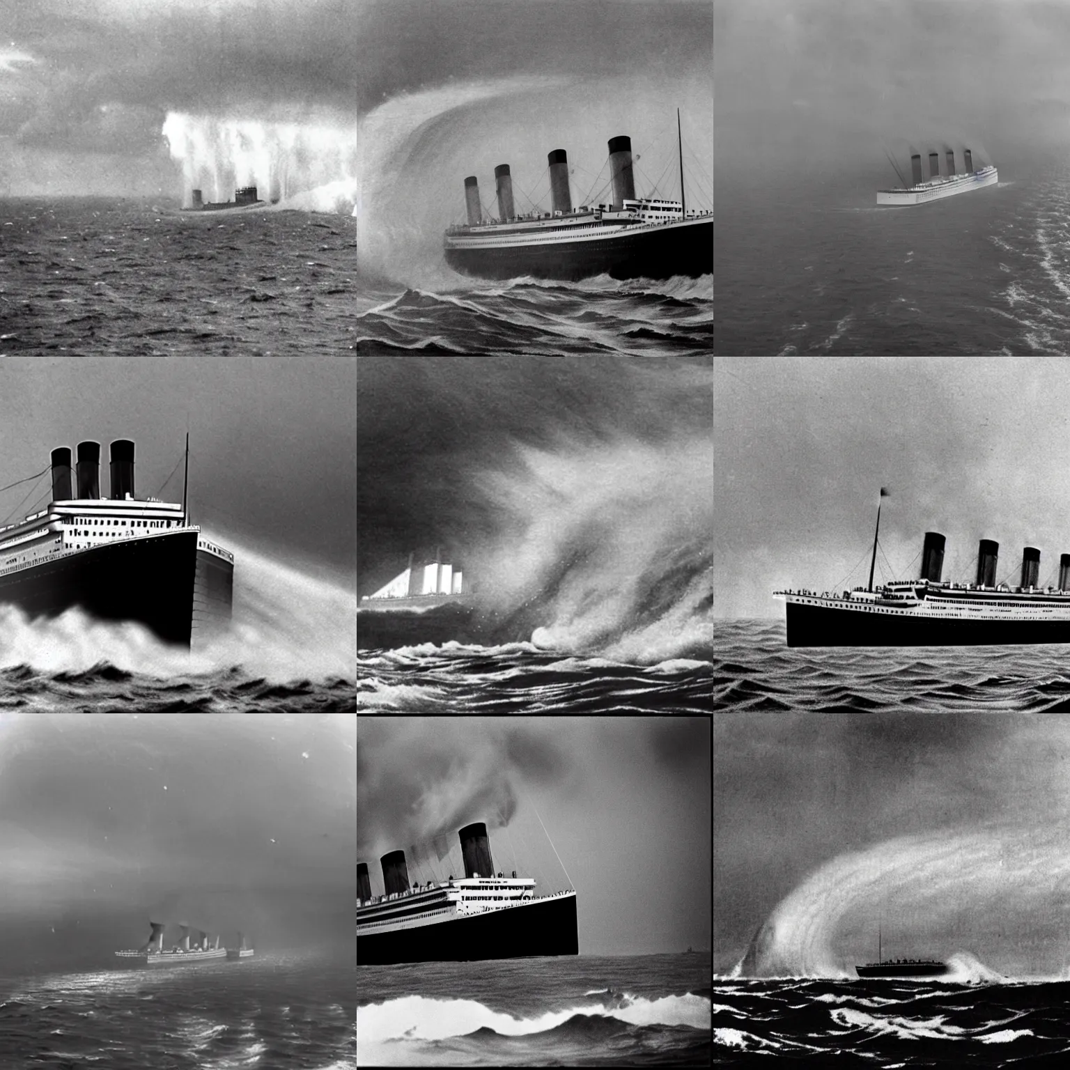 Prompt: Titanic approaching the white cliffs of dover during a hurricane