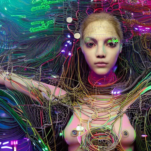 Image similar to deeper into the metaverse we go, piles of modular synth cables mixed with roots, kawaii puerto rican goddess swimming up wearing a headpiece made of circuit boards, by cameron gray, wlop, stanley kubrick, masamune, hideki anno, jamie hewlett, unique perspective, trending on artstation, 3 d render, vivid