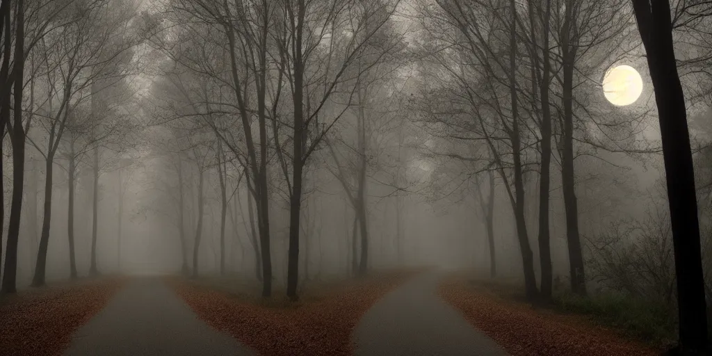Image similar to road between tall trees, night, fog, cold light, moon
