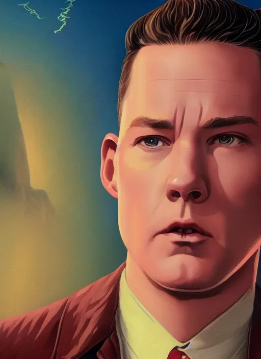 Prompt: twin peaks poster artwork by michael whelan and tomer hanuka, karol bak, rendering of close up portrait of channing tatum, from scene from twin peaks, full of details, by makoto shinkai and thomas kinkade, matte painting, trending on artstation and unreal engine