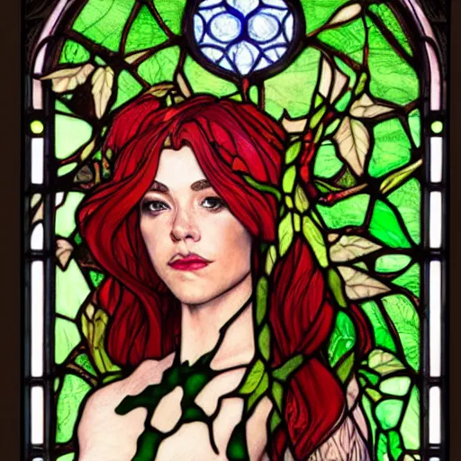 Prompt: a stunningly detailed stained glass window of a beautiful alison hannigan as poison ivy with green skin, dark eyeliner, intricate, elegant, highly detailed, digital painting, artstation, concept art, sharp focus, illustration, art by greg rutkowski and alphonse mucha