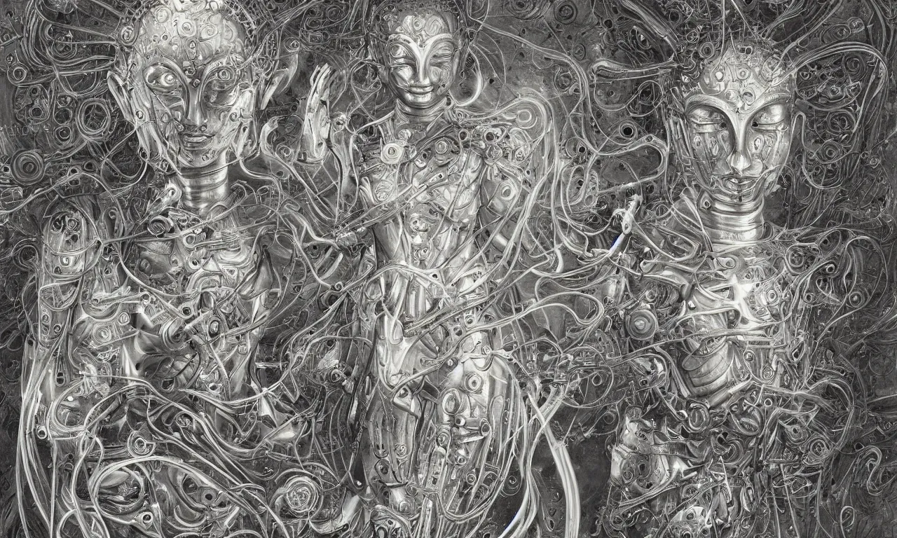 Prompt: perfectly a biomechanical android alien robot female buddha with, flowing hair, intense stare, sarcastic smile, teaching humans on enlightenment, concept art, intricate detail, volumetric shadows and lighting, oil painting by alex grey and gustave dore,