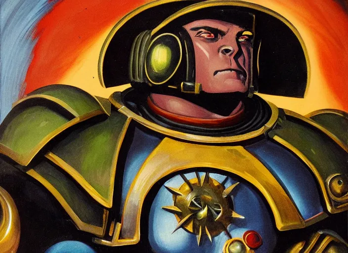 Image similar to Art Deco painting portrait of space-marine high detail warhammer 40k