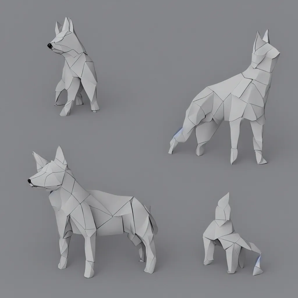 Image similar to 3 d rendering of japanese paper origami of simplified shape of german shepherd, 2 d image