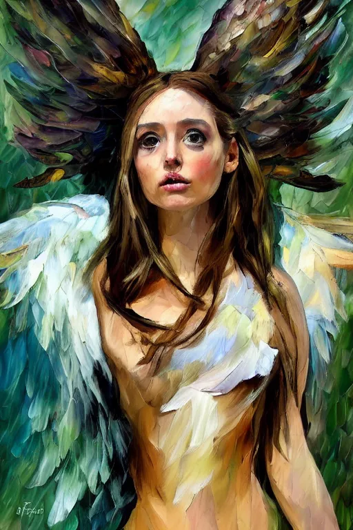 Image similar to palette knife oil painting portrait of a harpy angel girl, feathered long hair, talons, claws, horns, bones,, extreme detail, style by leonid afremov and degas, artstation trending, artgerm, deviant art, octane, substance, art history 8 k, green brown and grey earth tones palette