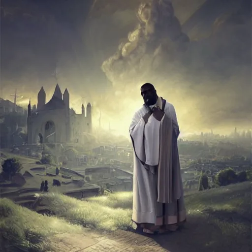 Prompt: Idris Elba dressed as a Byzantine priest surrounded by heavenly clouds in a Byzantine city, concept art, beautiful light, symmetry, very coherent, trending on artstation, by James Gurney and Simon Stalenhag and Greg Rutkowski