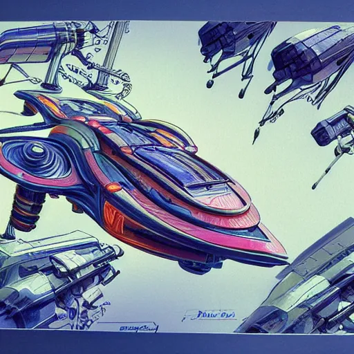 Prompt: coloured pencil of a spaceship scifi tech hardsurface shape form exploration, floral ornaments, big medium small, artstation, colored marker, paper collage, syd mead, hr giger, concept art