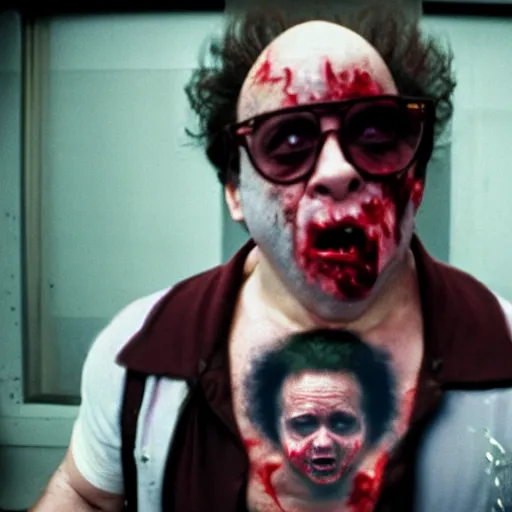 Image similar to zombie danny devito in fight club, anamorphic lens, cinestill colour